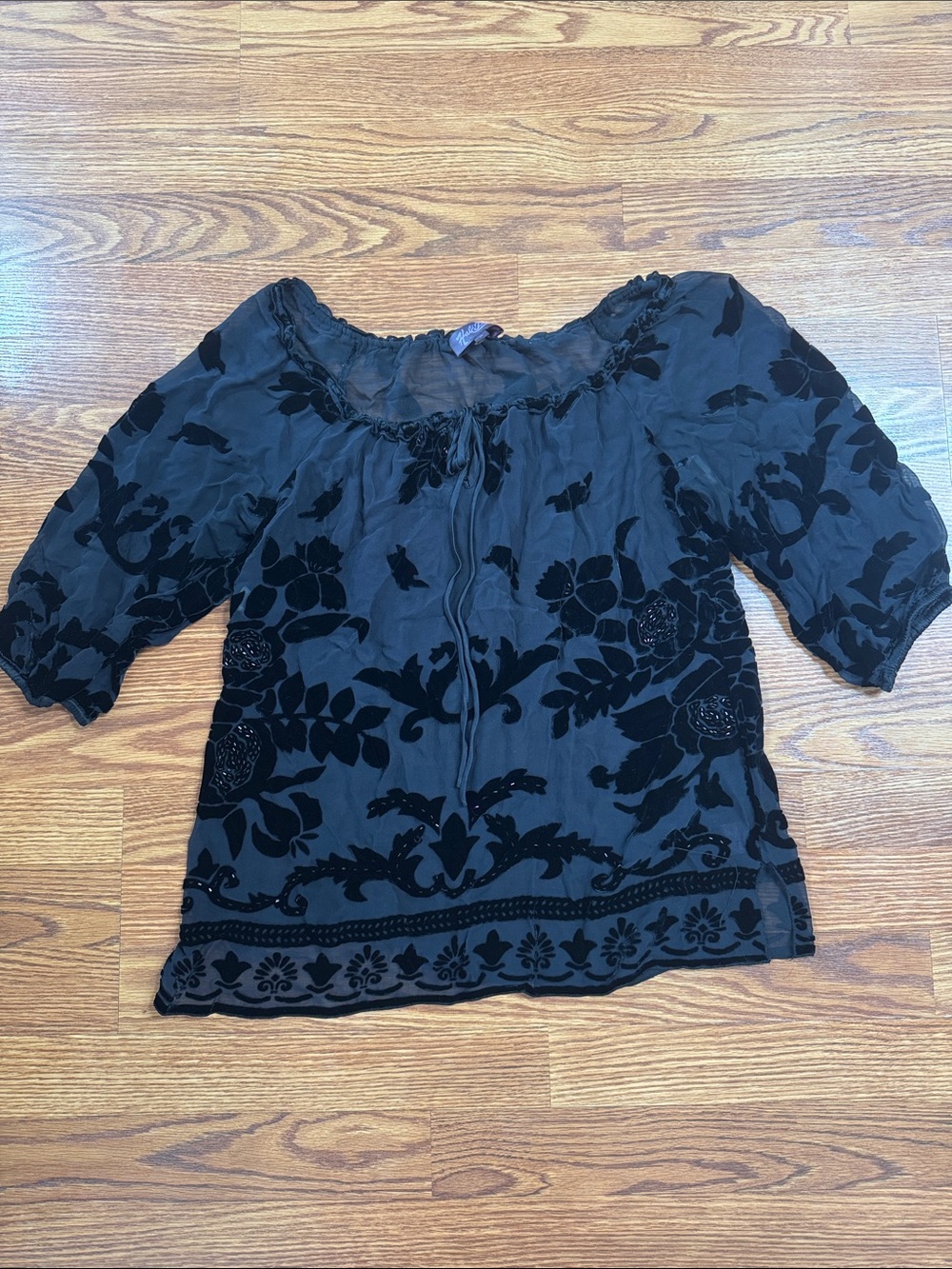 Hale Bob Black Floral Velvet Burnout Peasant Blouse